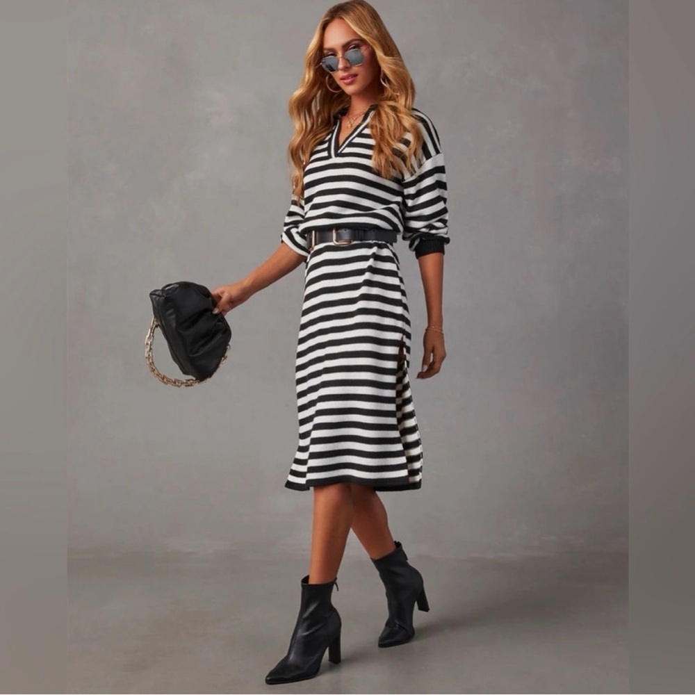 VICI Pasquale Black and White Striped Knit Collared Midi Dress, Large - Picture 3 of 12